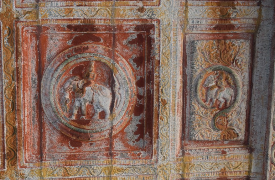 Ceiling showing Indra on white elephant Airawat and Yama on a buffalo